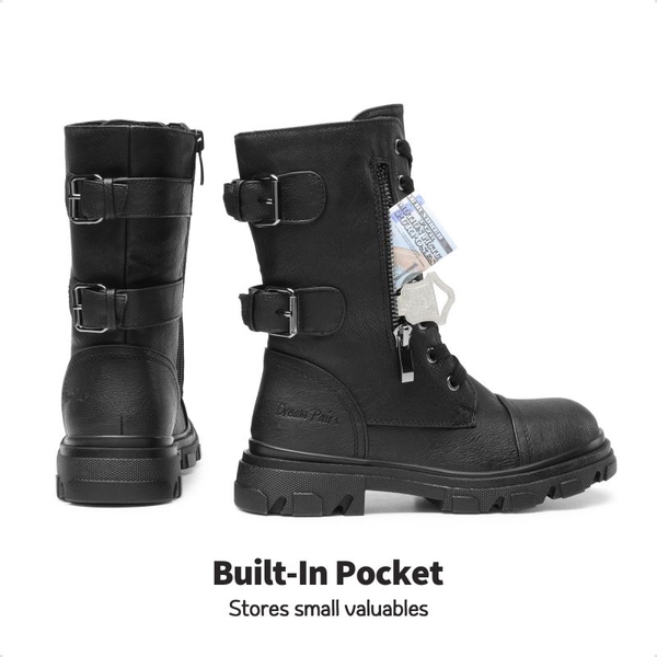 Girls Vegan Leather Combat Ankle Boots - BLACK - 2